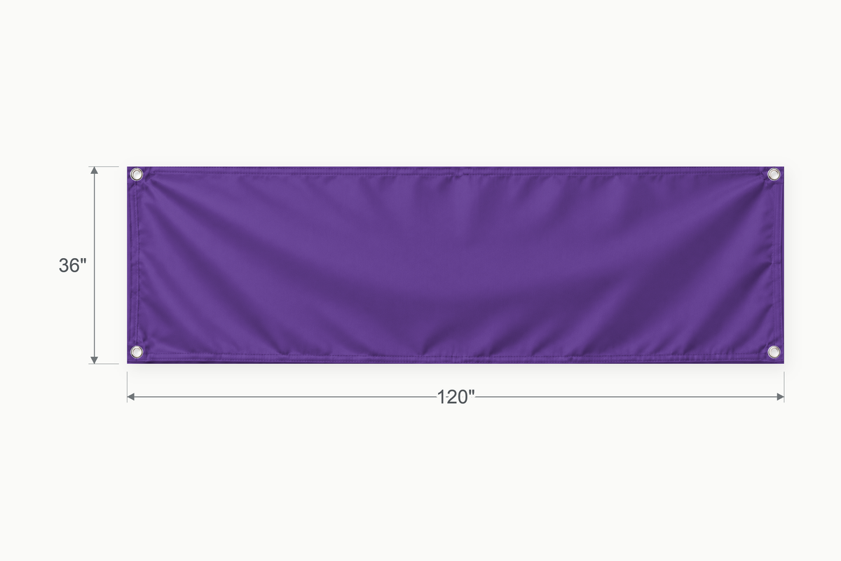 Purple fabric banner, 36 inches high by 120 inches wide, with labeled height and width measurement arrows.