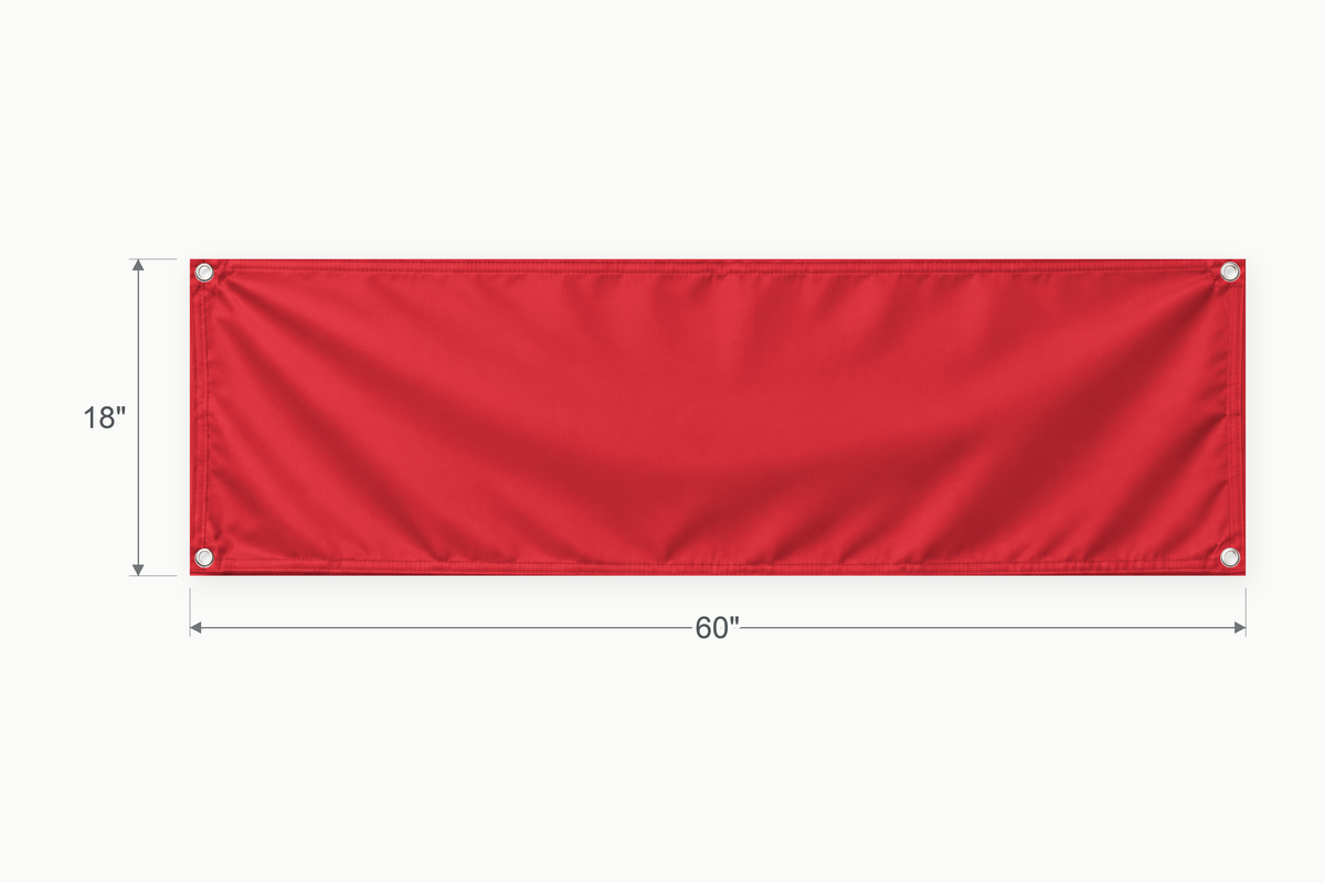 Red fabric banner, 18 inches high by 60 inches wide, with labeled height and width measurement arrows.