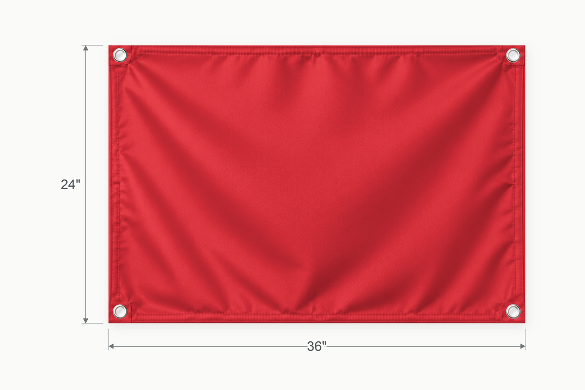 Red fabric banner, 24 inches high by 36 inches wide, with labeled height and width measurement arrows.