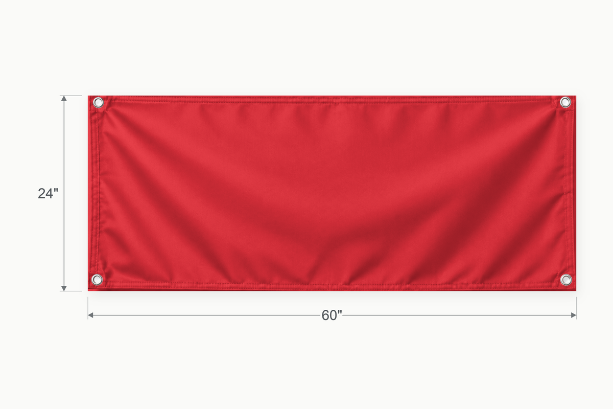 Red fabric banner, 24 inches high by 60 inches wide, with labeled height and width measurement arrows.