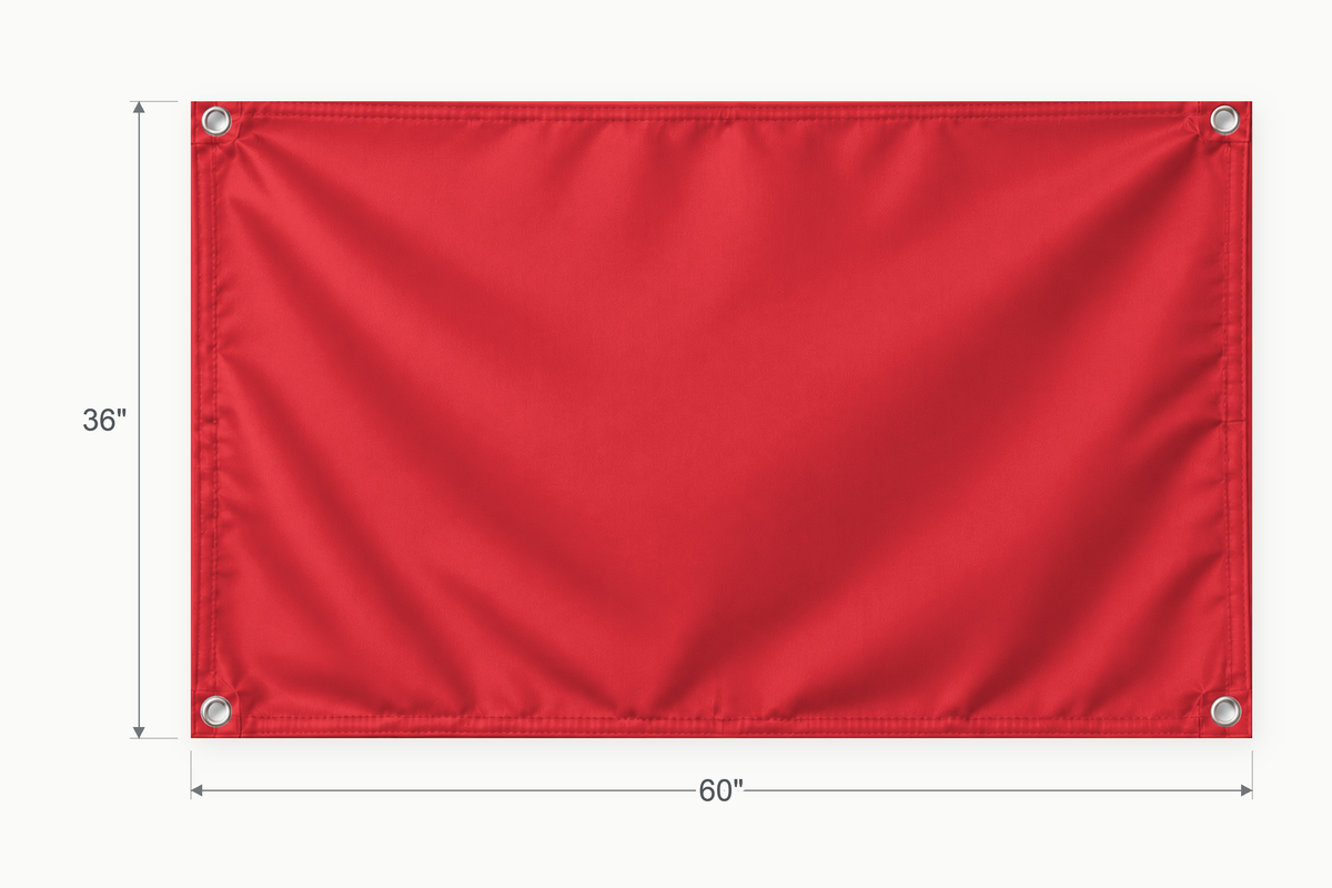 Red fabric banner, 36 inches high by 60 inches wide, with labeled height and width measurement arrows.