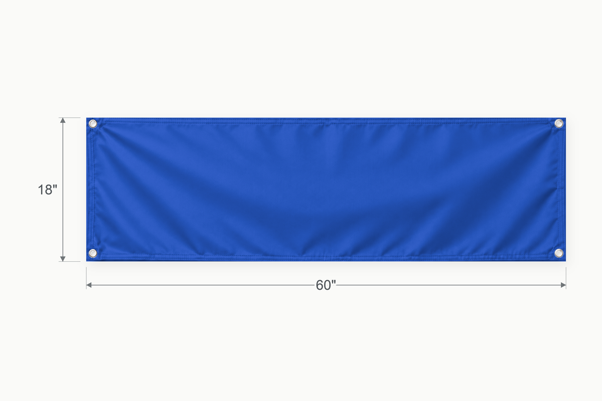 Royal Blue fabric banner, 18 inches high by 60 inches wide, with labeled height and width measurement arrows.