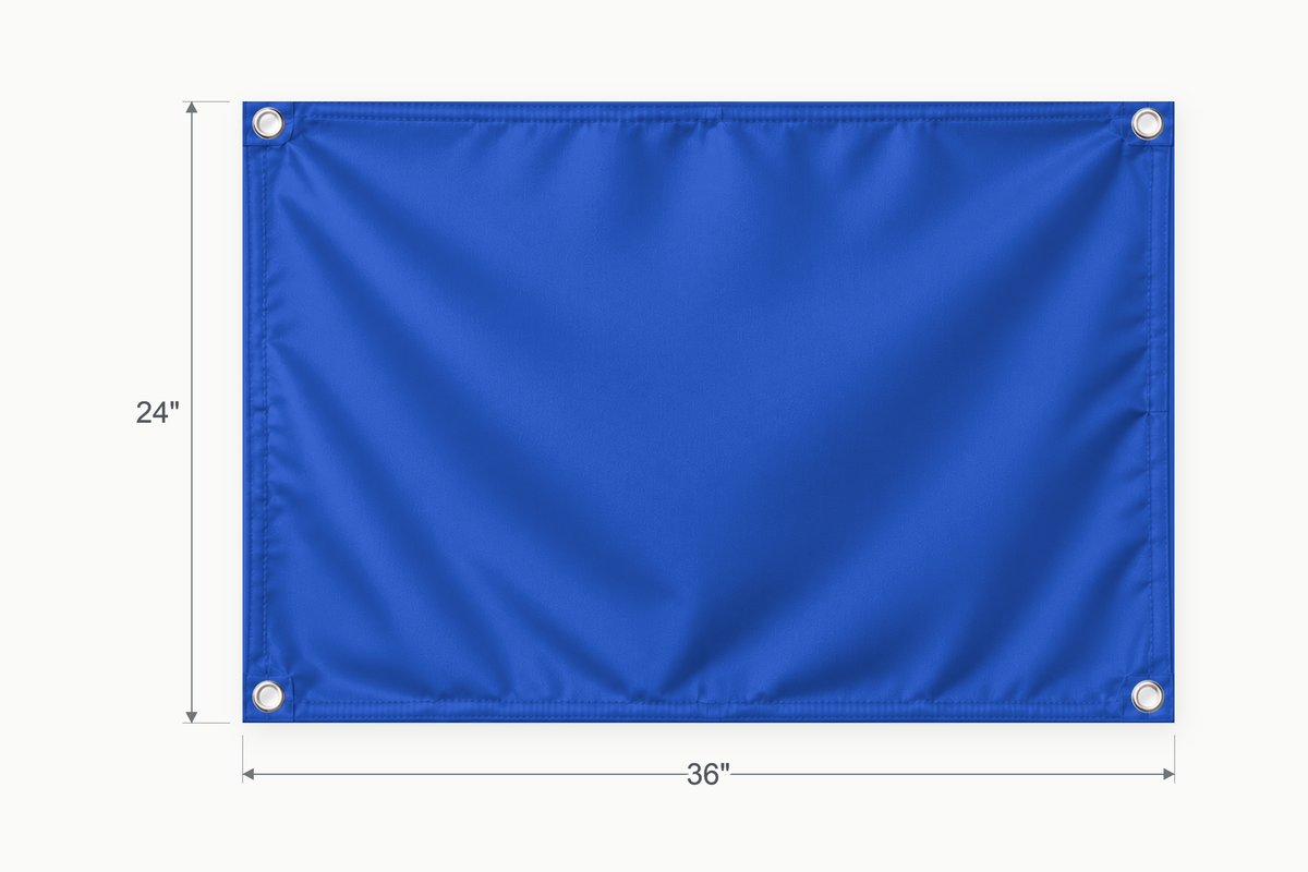 Royal Blue fabric banner, 24 inches high by 36 inches wide, with labeled height and width measurement arrows.