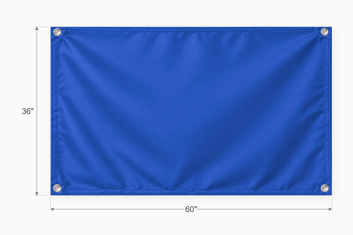 Royal Blue fabric banner, 36 inches high by 60 inches wide, with labeled height and width measurement arrows.