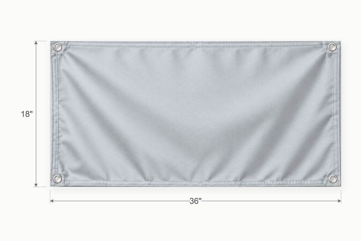 Silver Gray fabric banner, 18 inches high by 36 inches wide, with labeled height and width measurement arrows.