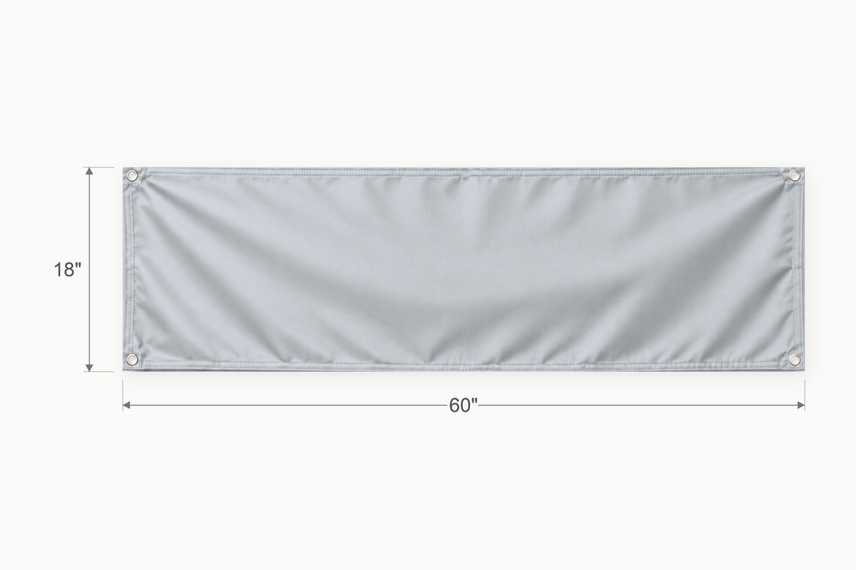 Silver Gray fabric banner, 18 inches high by 60 inches wide, with labeled height and width measurement arrows.