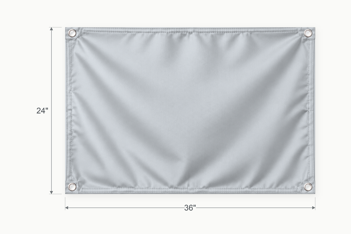 Silver Gray fabric banner, 24 inches high by 36 inches wide, with labeled height and width measurement arrows.