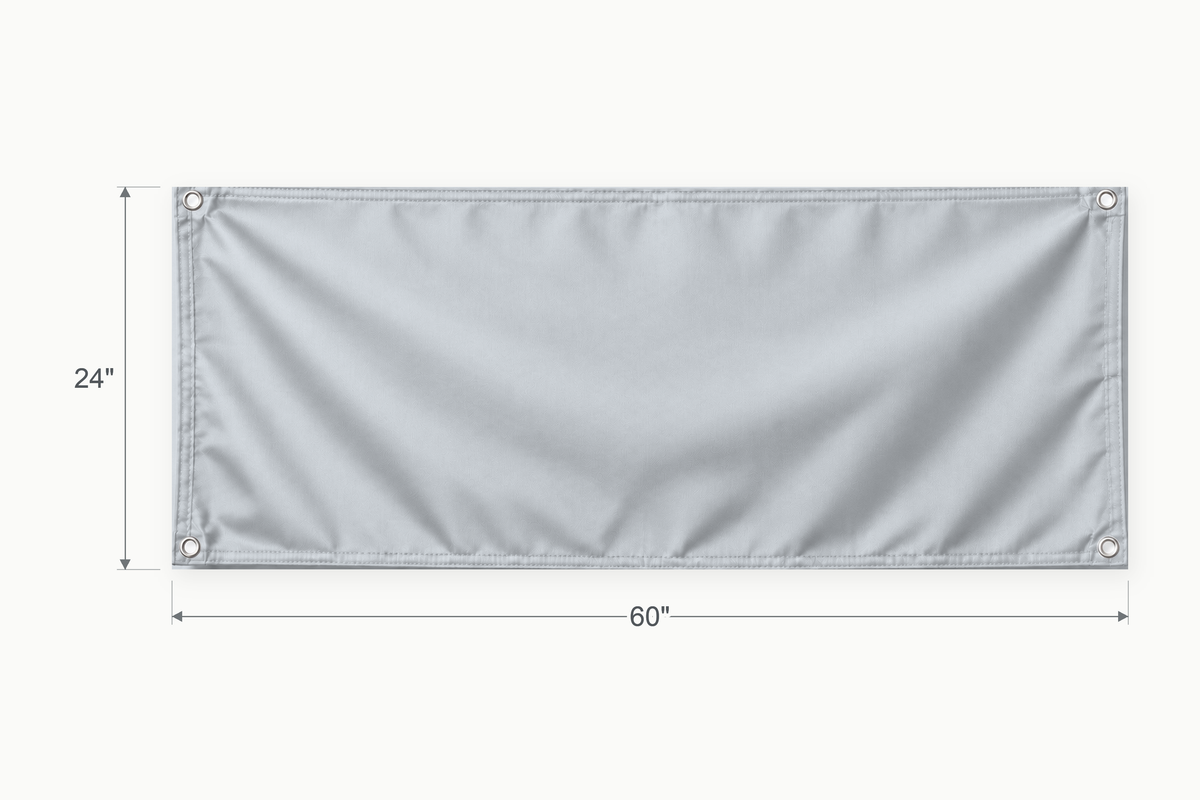 Silver Gray fabric banner, 24 inches high by 60 inches wide, with labeled height and width measurement arrows.