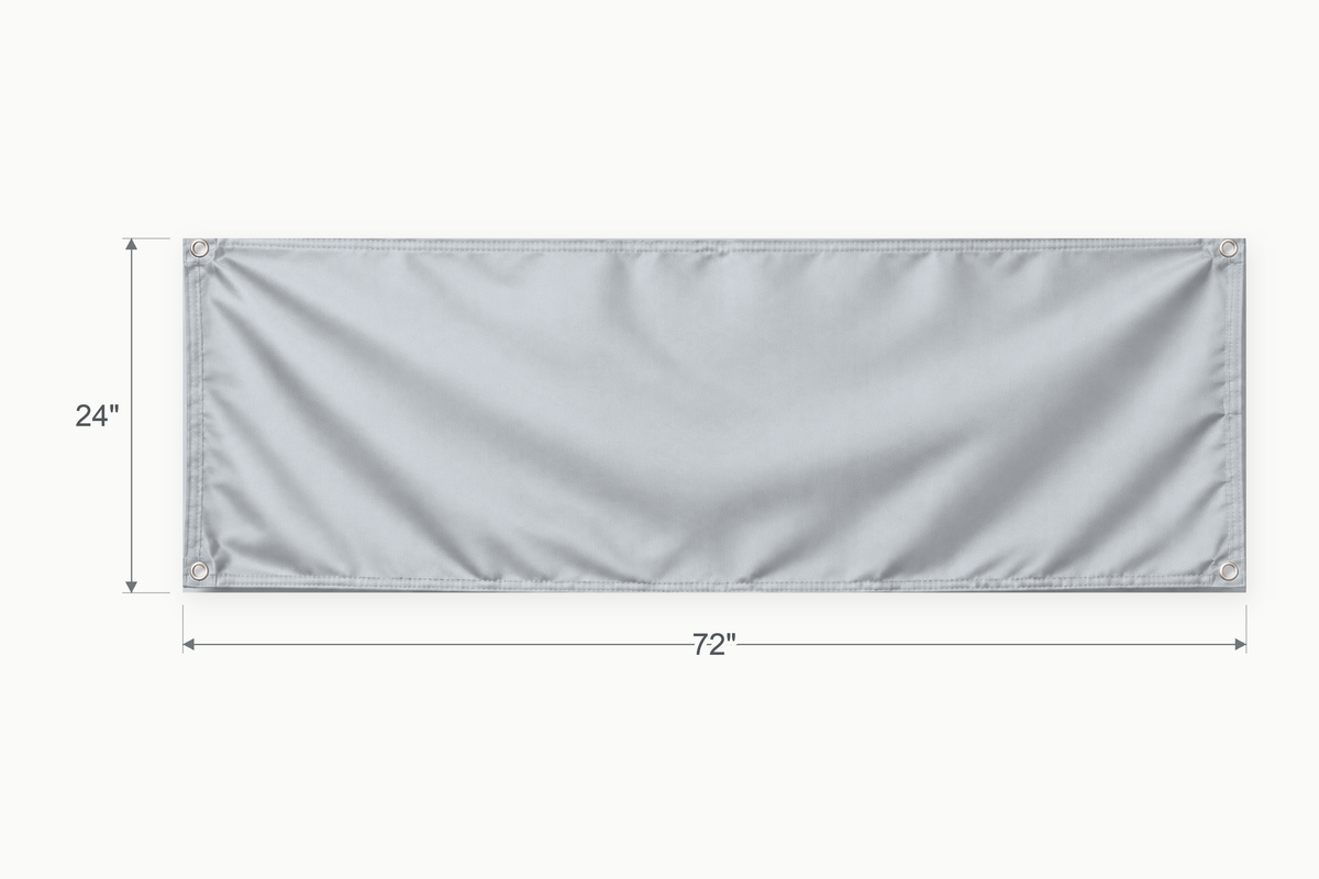 Silver Gray fabric banner, 24 inches high by 72 inches wide, with labeled height and width measurement arrows.