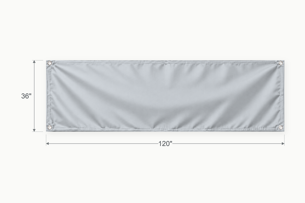 Silver Gray fabric banner, 36 inches high by 120 inches wide, with labeled height and width measurement arrows.