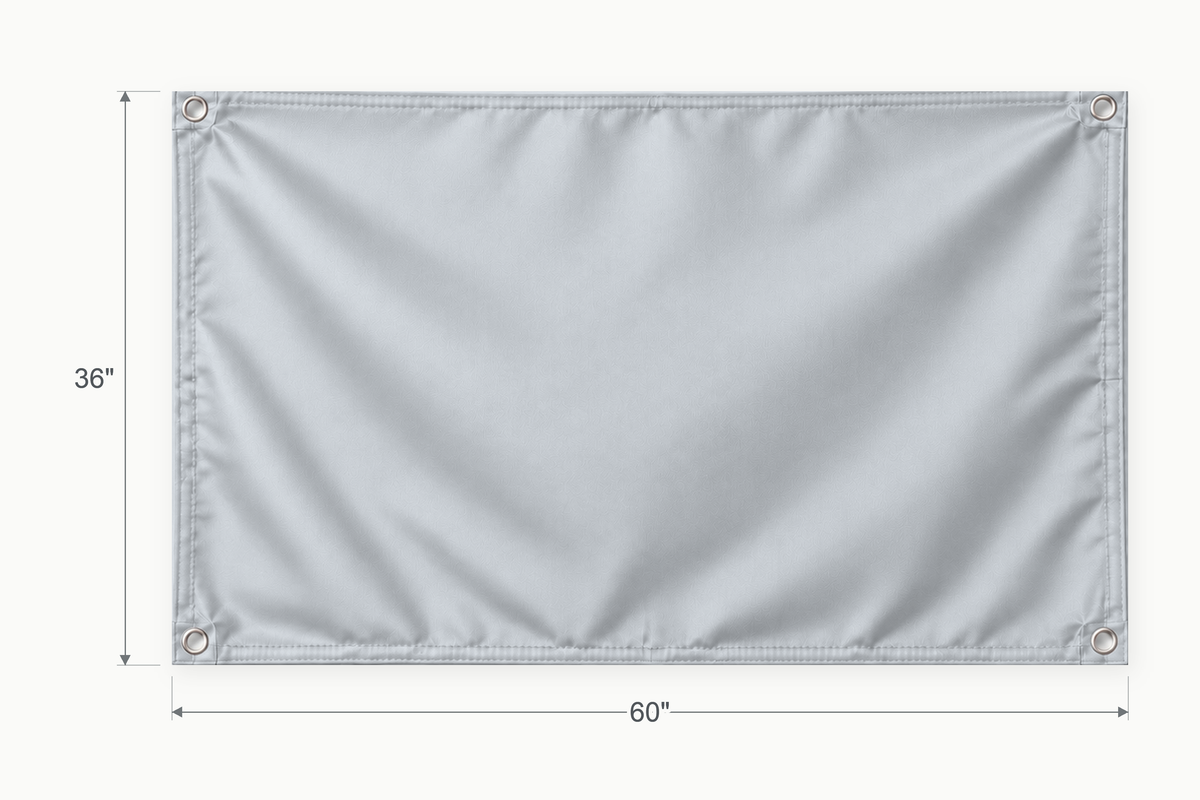 Silver Gray fabric banner, 36 inches high by 60 inches wide, with labeled height and width measurement arrows.
