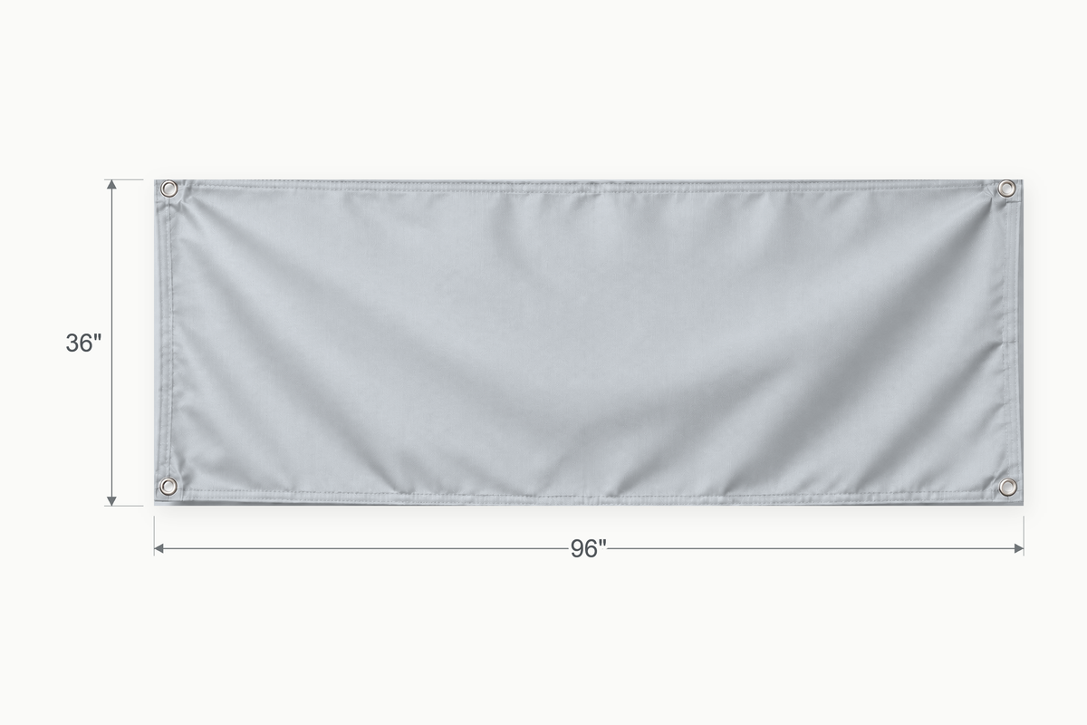 Silver Gray fabric banner, 36 inches high by 96 inches wide, with labeled height and width measurement arrows.