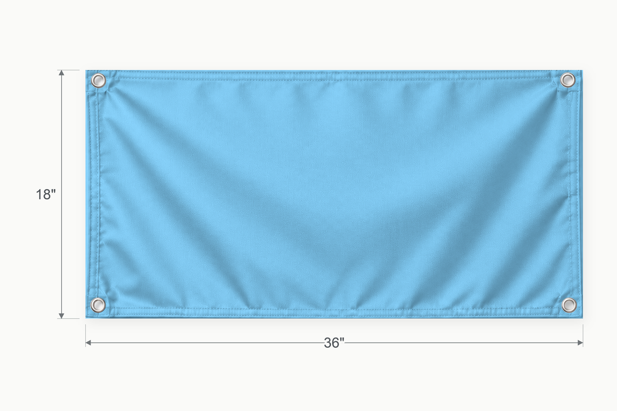 Sky Blue fabric banner, 18 inches high by 36 inches wide, with labeled height and width measurement arrows.