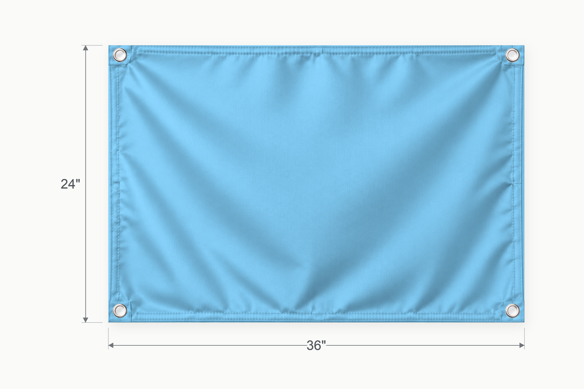 Sky Blue fabric banner, 24 inches high by 36 inches wide, with labeled height and width measurement arrows.