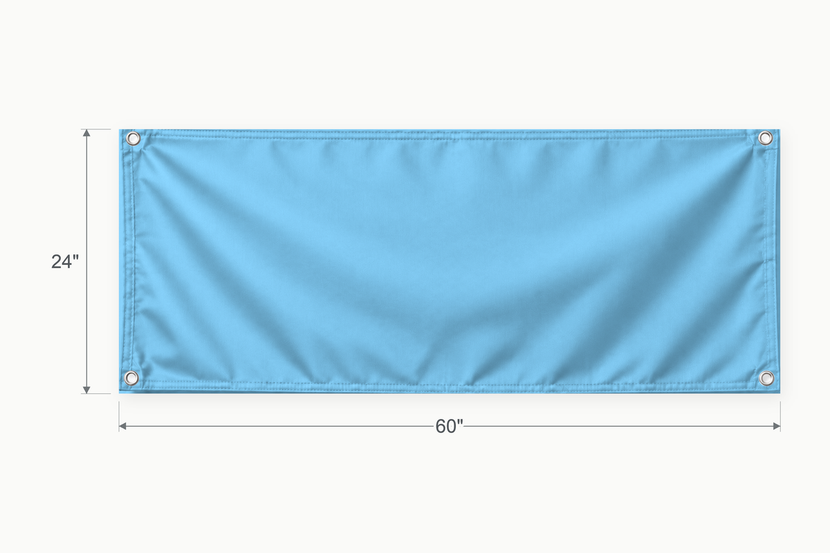 Sky Blue fabric banner, 24 inches high by 60 inches wide, with labeled height and width measurement arrows.