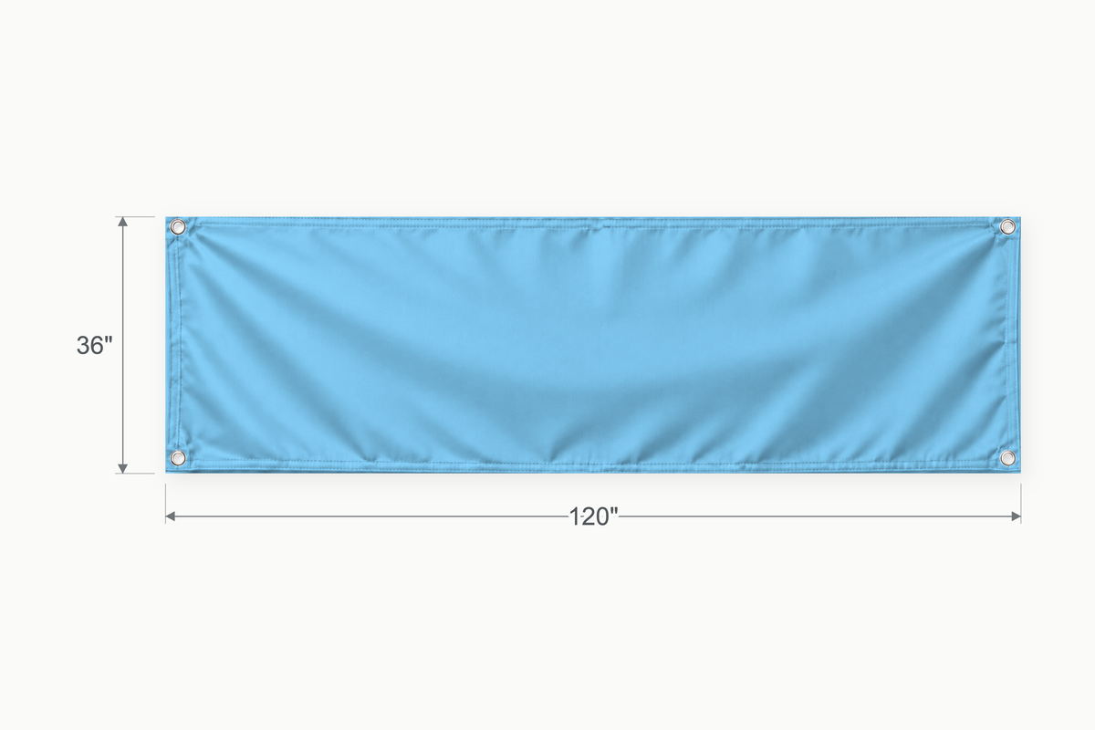 Sky Blue fabric banner, 36 inches high by 120 inches wide, with labeled height and width measurement arrows.