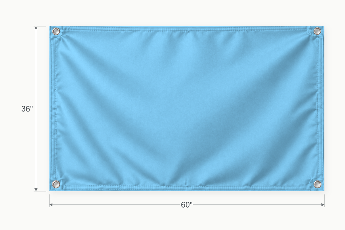 Sky Blue fabric banner, 36 inches high by 60 inches wide, with labeled height and width measurement arrows.