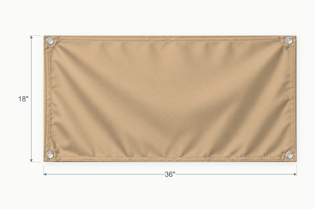 Tan fabric banner, 18 inches high by 36 inches wide, with labeled height and width measurement arrows.