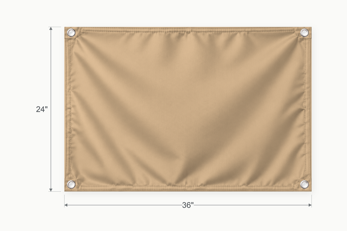 Tan fabric banner, 24 inches high by 36 inches wide, with labeled height and width measurement arrows.