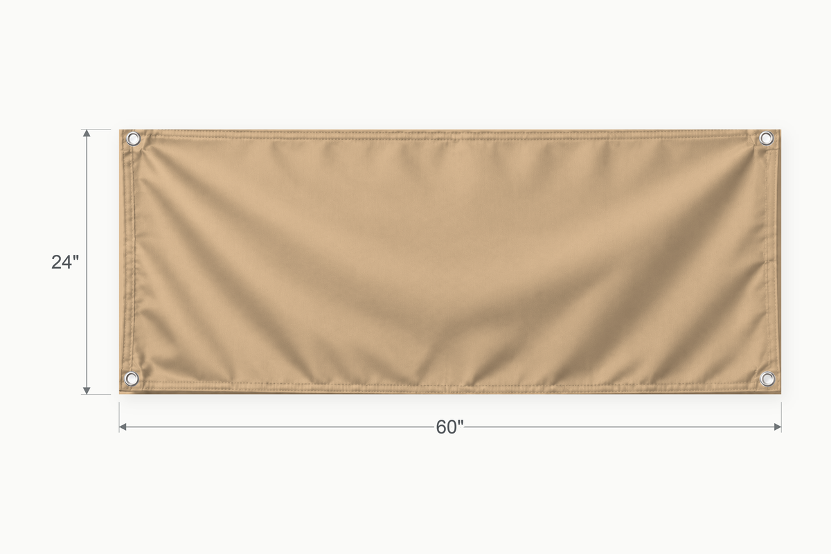 Tan fabric banner, 24 inches high by 60 inches wide, with labeled height and width measurement arrows.