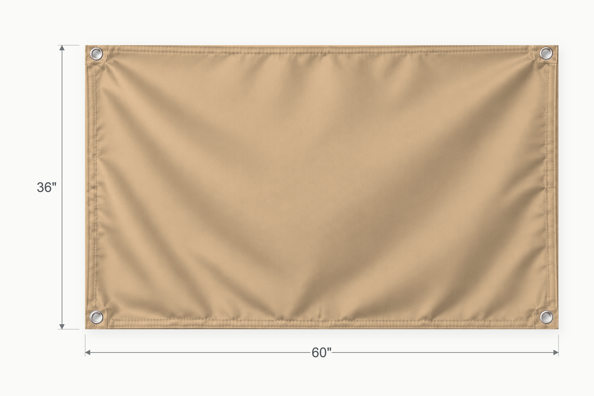 Tan fabric banner, 36 inches high by 60 inches wide, with labeled height and width measurement arrows.