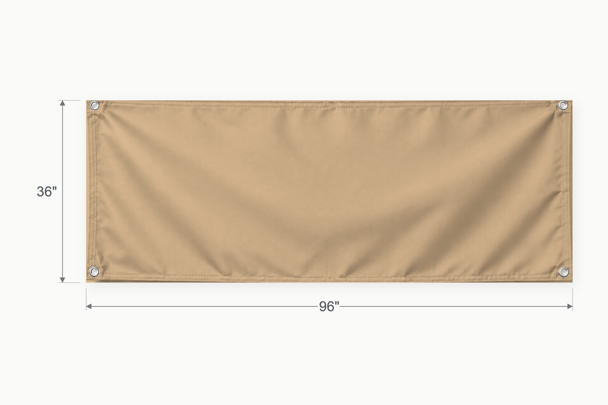 Tan fabric banner, 36 inches high by 96 inches wide, with labeled height and width measurement arrows.