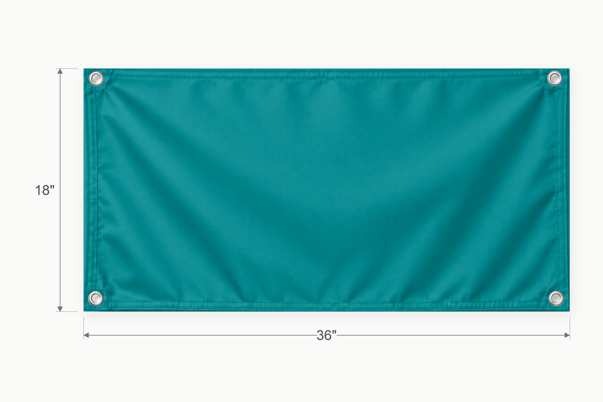 Teal fabric banner, 18 inches high by 36 inches wide, with labeled height and width measurement arrows.