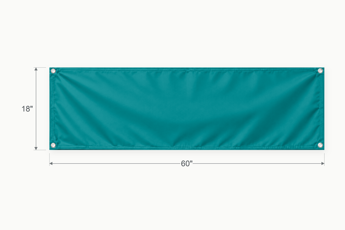 Teal fabric banner, 18 inches high by 60 inches wide, with labeled height and width measurement arrows.