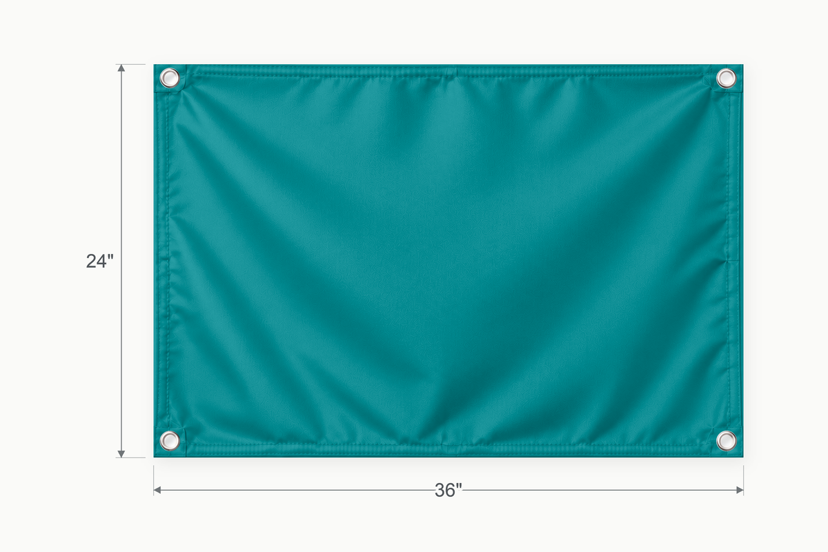 Teal fabric banner, 24 inches high by 36 inches wide, with labeled height and width measurement arrows.