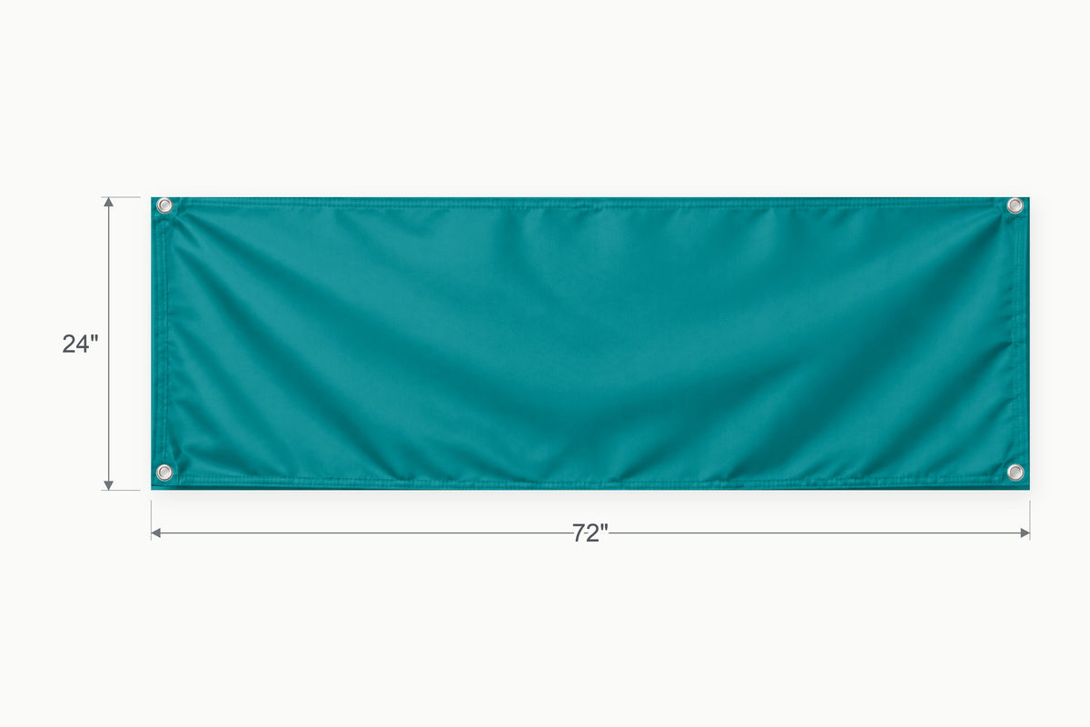 Teal fabric banner, 24 inches high by 72 inches wide, with labeled height and width measurement arrows.