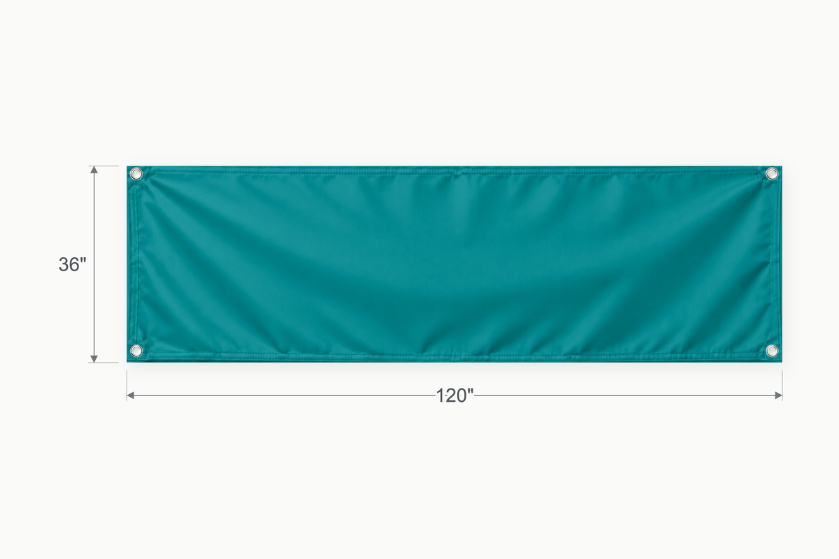 Teal fabric banner, 36 inches high by 120 inches wide, with labeled height and width measurement arrows.