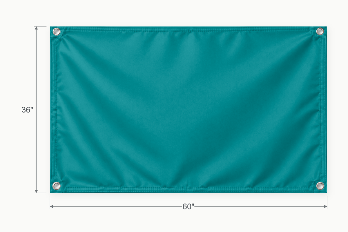 Teal fabric banner, 36 inches high by 60 inches wide, with labeled height and width measurement arrows.