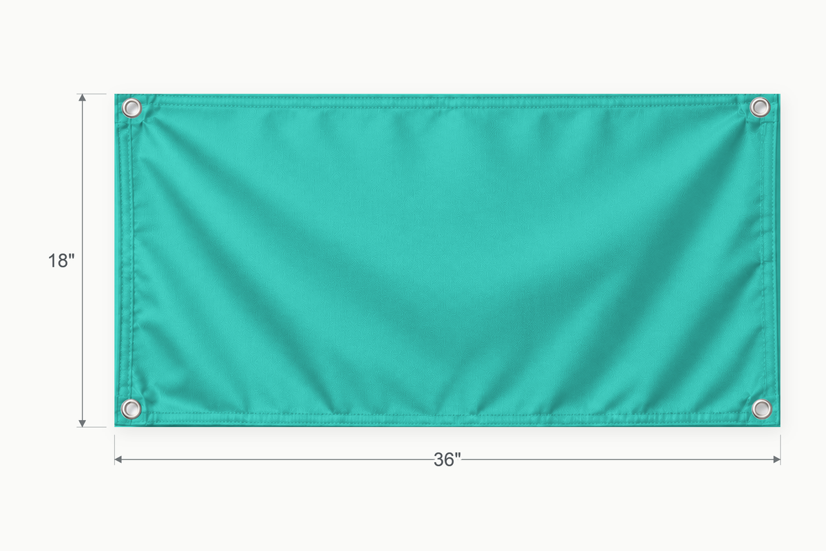 Turquoise fabric banner, 18 inches high by 36 inches wide, with labeled height and width measurement arrows.