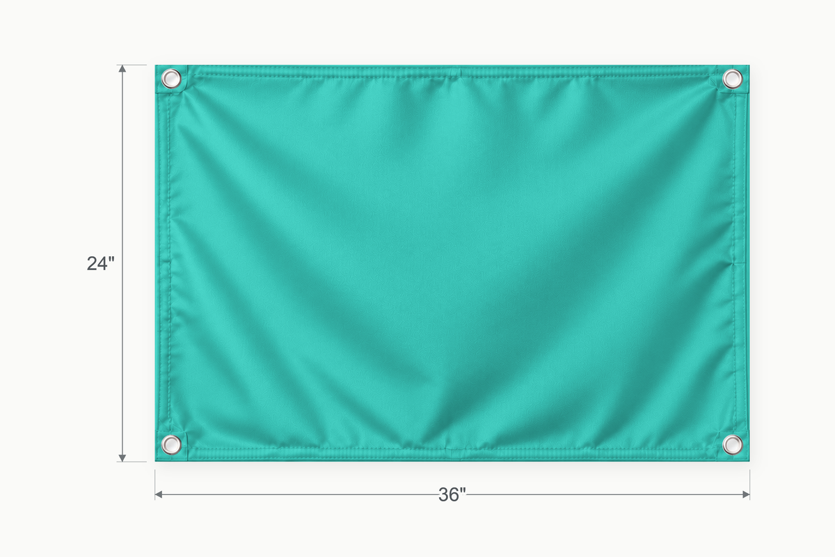 Turquoise fabric banner, 24 inches high by 36 inches wide, with labeled height and width measurement arrows.