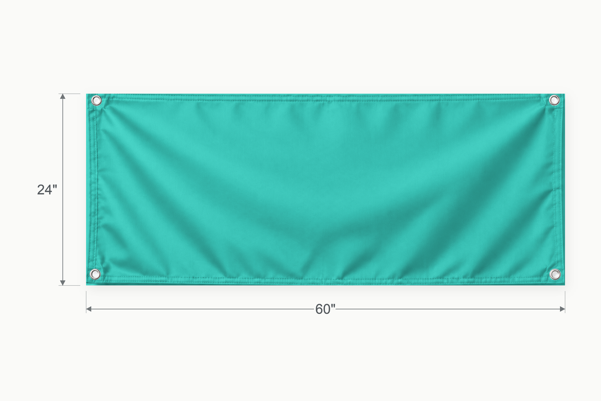 Turquoise fabric banner, 24 inches high by 60 inches wide, with labeled height and width measurement arrows.