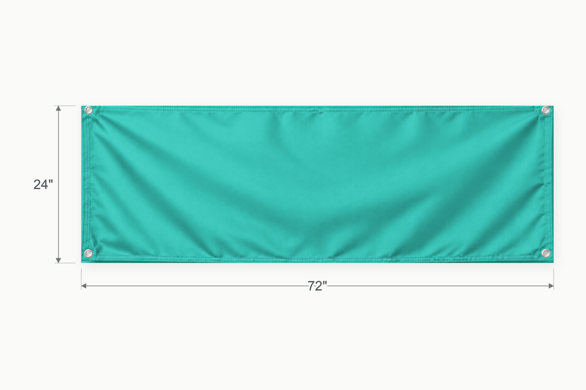 Turquoise fabric banner, 24 inches high by 72 inches wide, with labeled height and width measurement arrows.