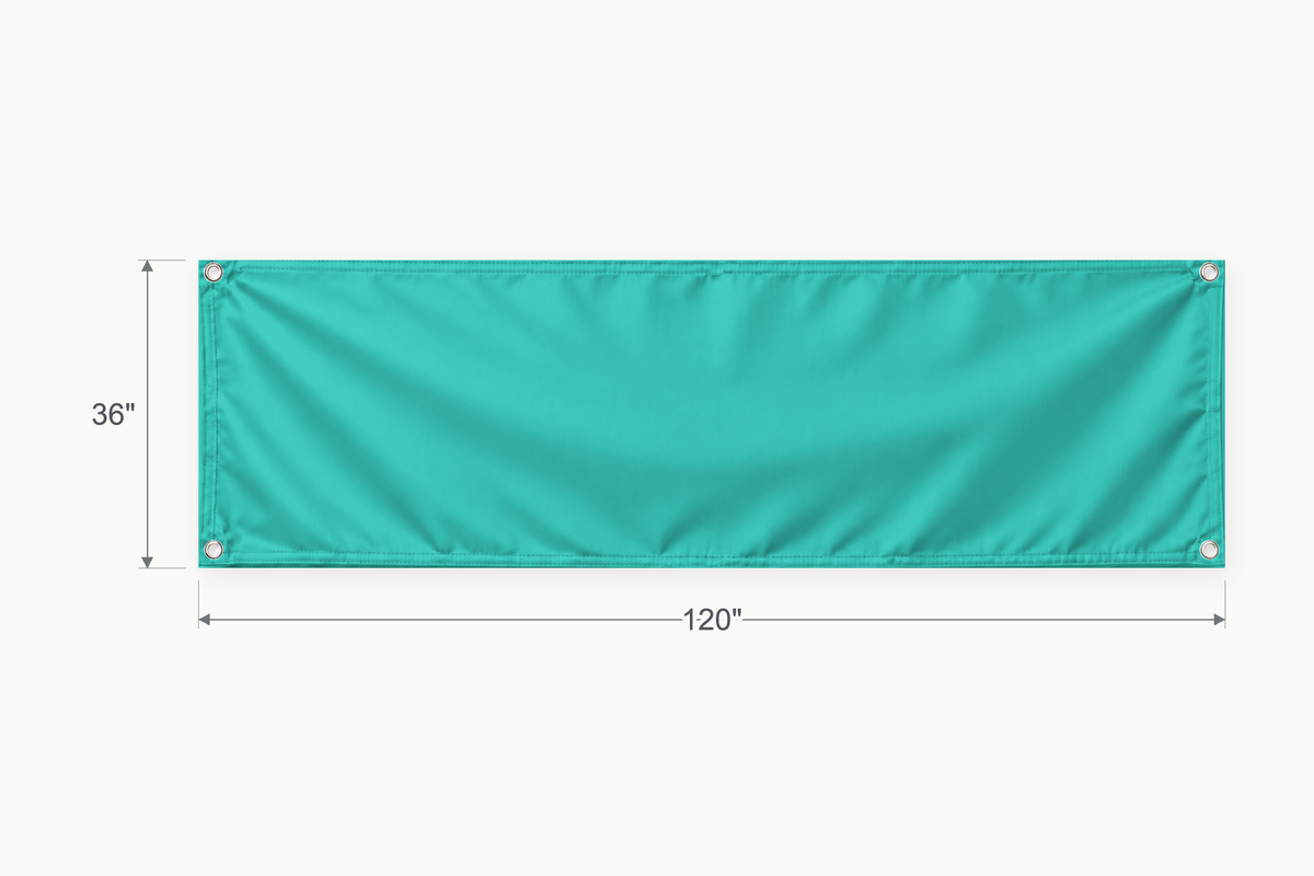 Turquoise fabric banner, 36 inches high by 120 inches wide, with labeled height and width measurement arrows.