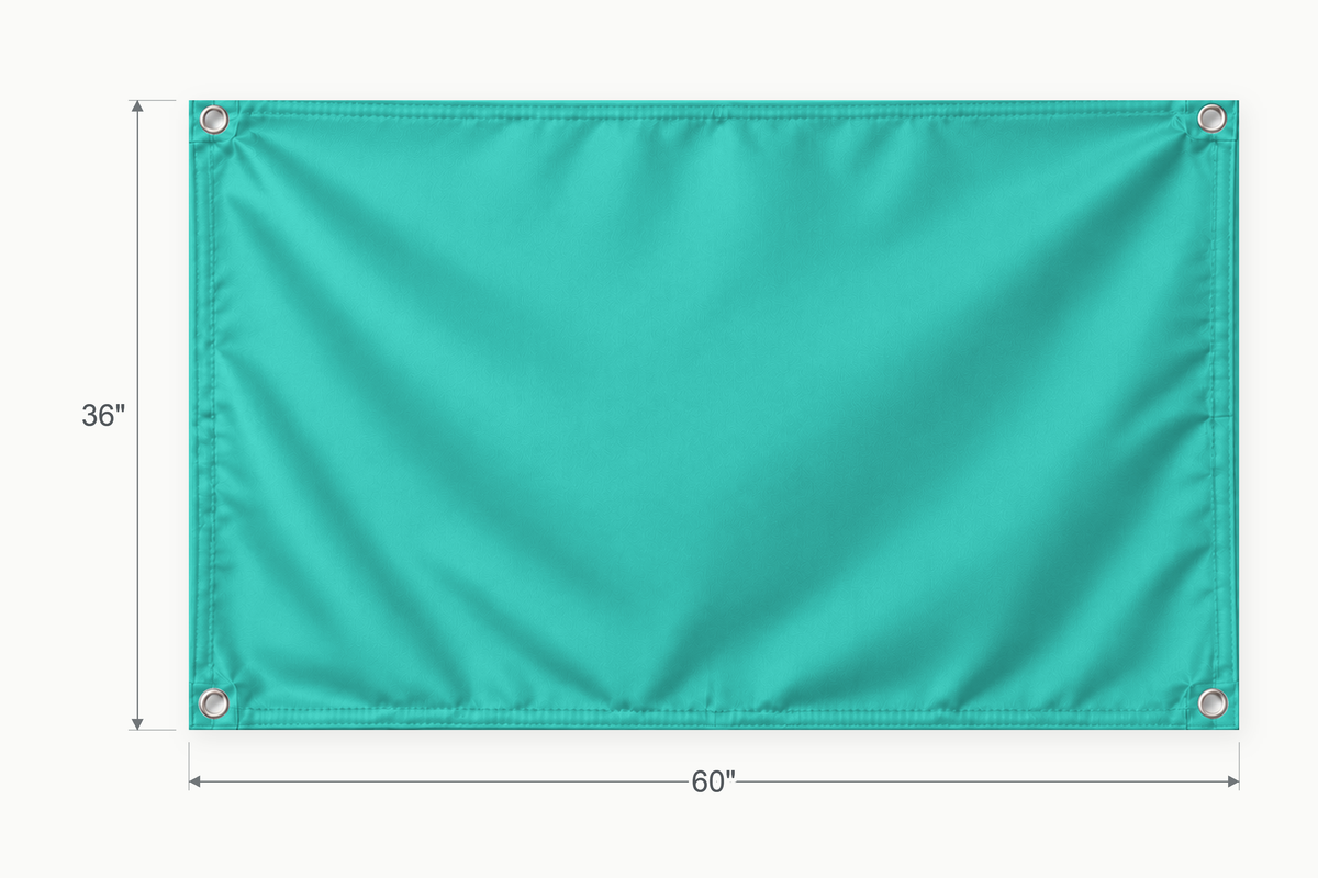 Turquoise fabric banner, 36 inches high by 60 inches wide, with labeled height and width measurement arrows.