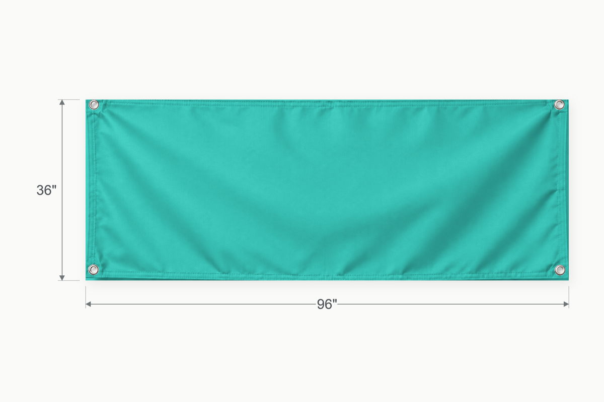 Turquoise fabric banner, 36 inches high by 96 inches wide, with labeled height and width measurement arrows.