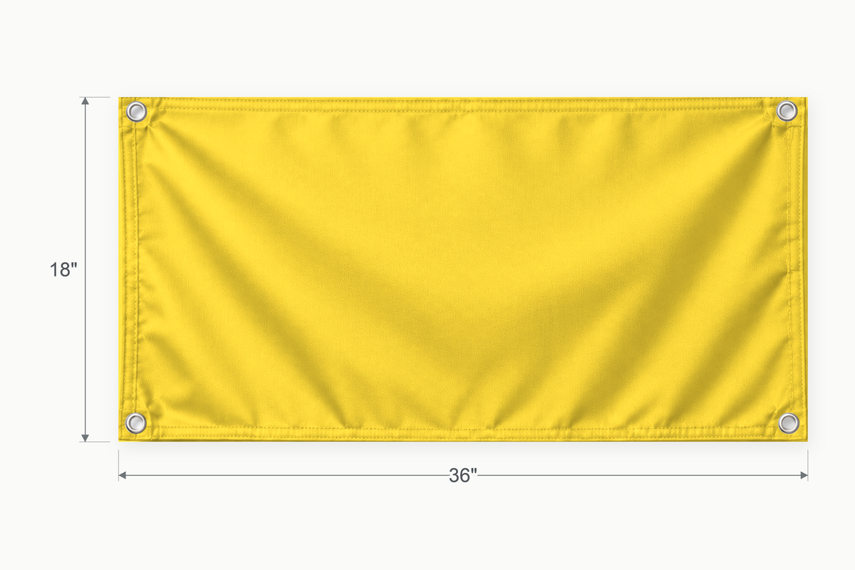 Yellow fabric banner, 18 inches high by 36 inches wide, with labeled height and width measurement arrows.