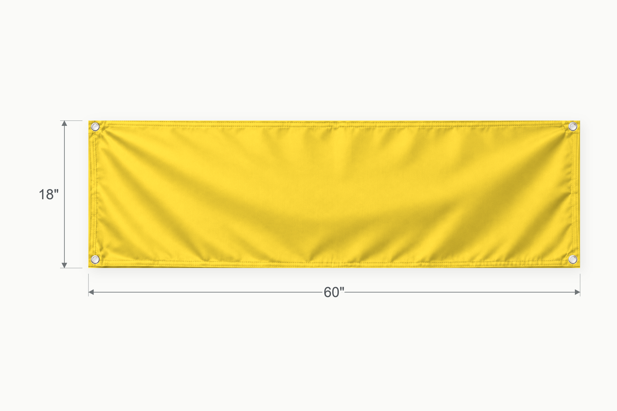 Yellow fabric banner, 18 inches high by 60 inches wide, with labeled height and width measurement arrows.