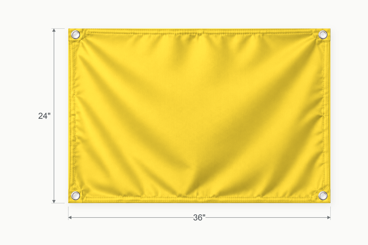 Yellow fabric banner, 24 inches high by 36 inches wide, with labeled height and width measurement arrows.