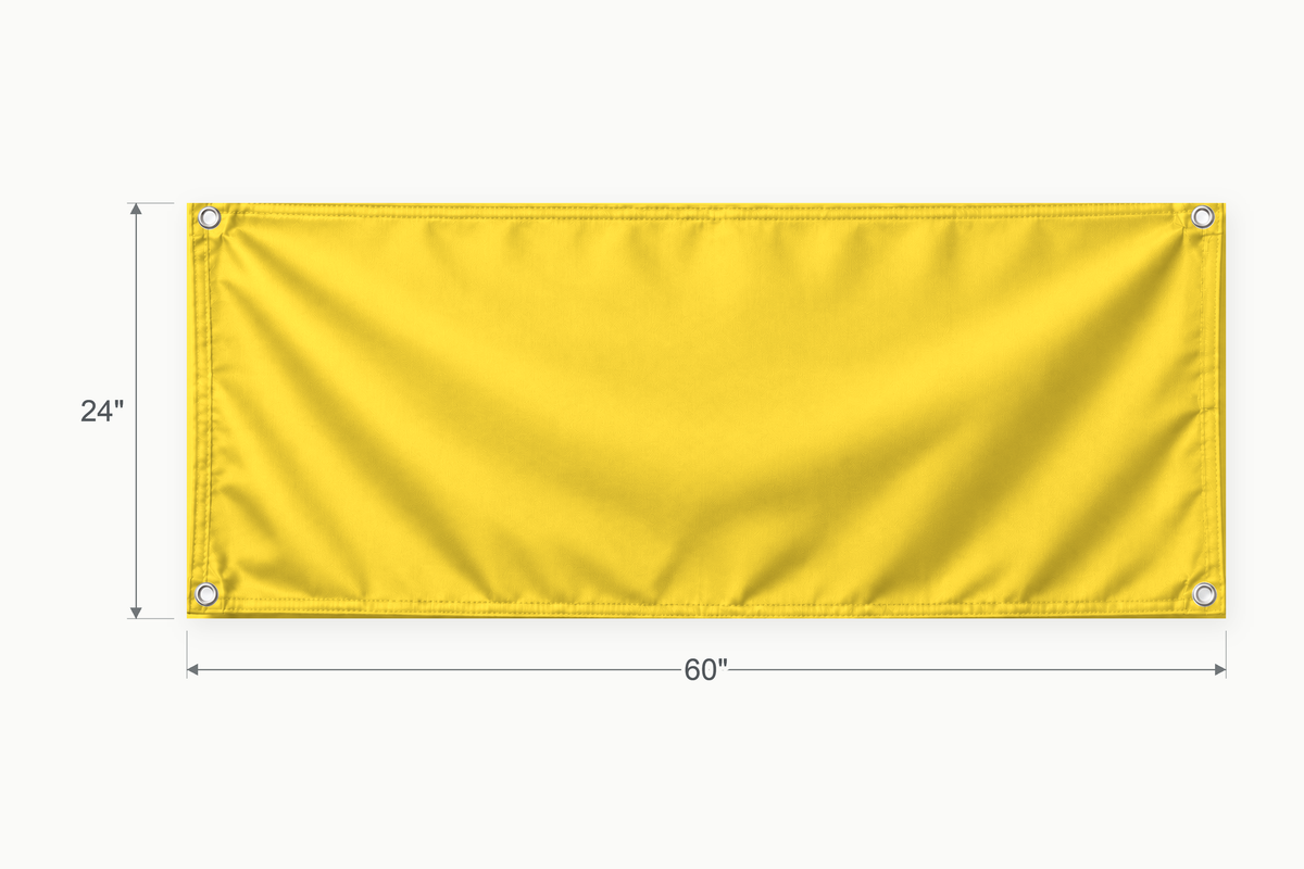 Yellow fabric banner, 24 inches high by 60 inches wide, with labeled height and width measurement arrows.