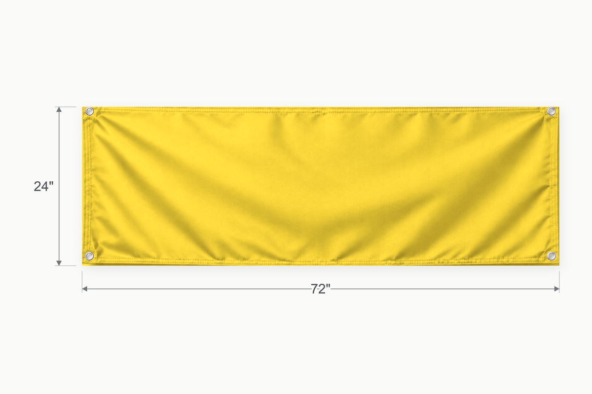 Yellow fabric banner, 24 inches high by 72 inches wide, with labeled height and width measurement arrows.
