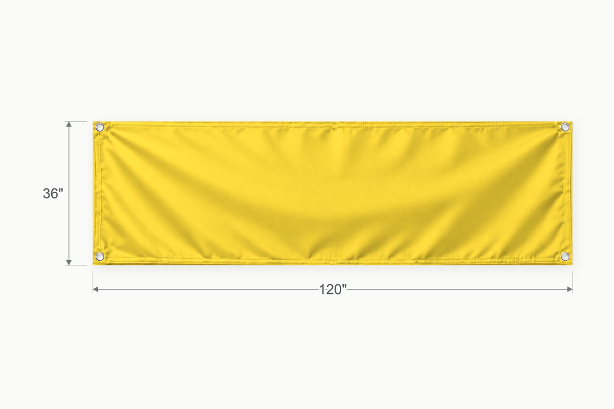 Yellow fabric banner, 36 inches high by 120 inches wide, with labeled height and width measurement arrows.