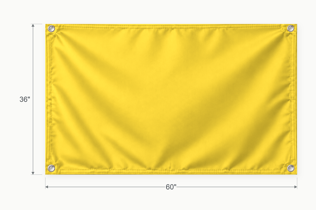 Yellow fabric banner, 36 inches high by 60 inches wide, with labeled height and width measurement arrows.