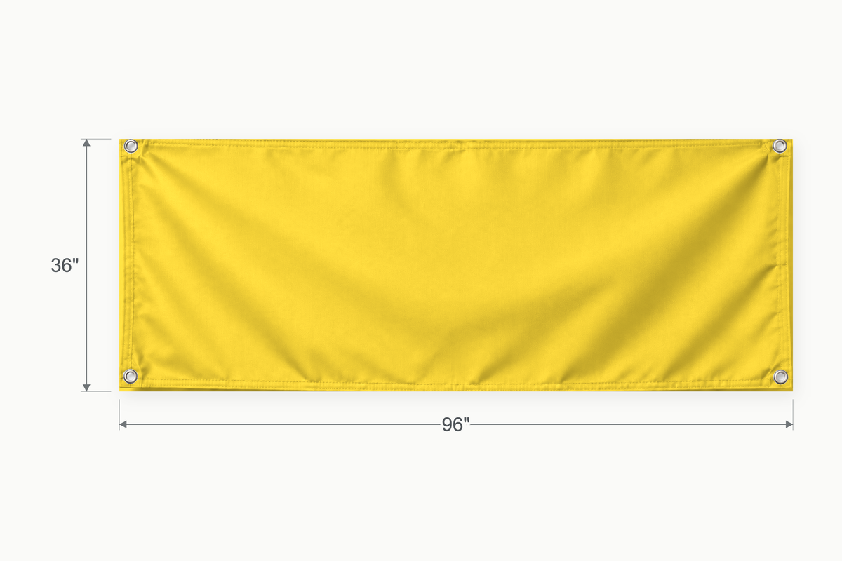 Yellow fabric banner, 36 inches high by 96 inches wide, with labeled height and width measurement arrows.