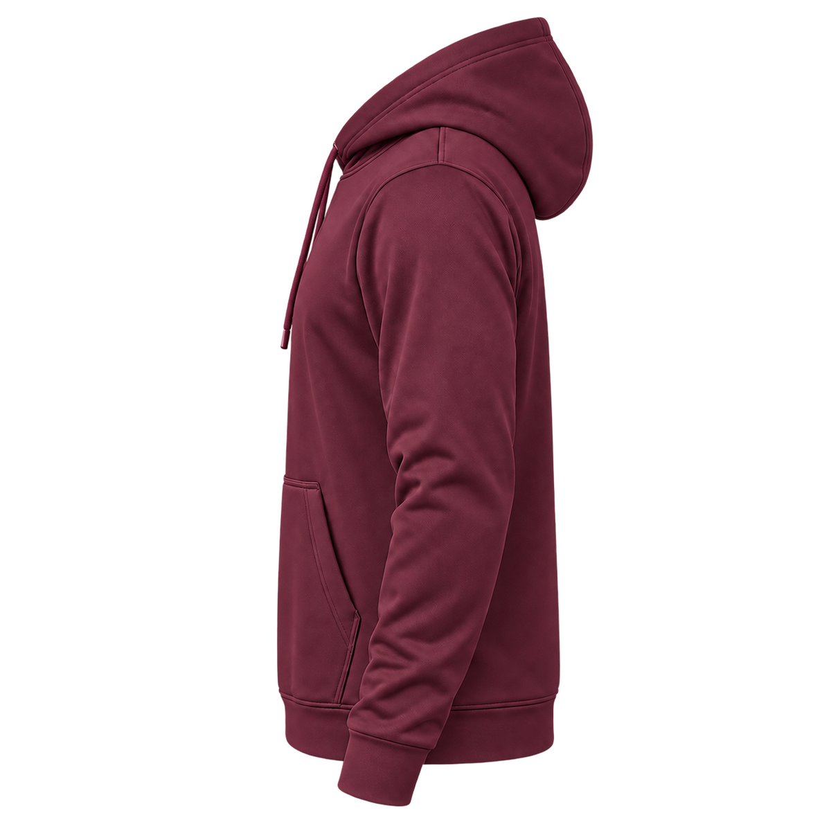 Custom Fully Sublimated Hoodie in Burgundy — wearer’s LEFT sleeve; front and hood opening face image-left