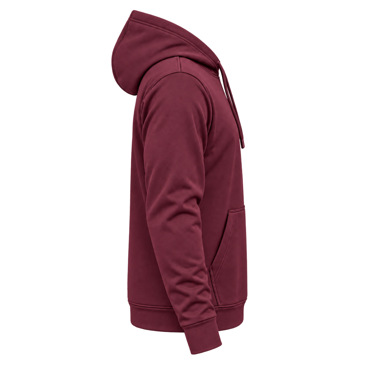 Custom Fully Sublimated Hoodie in Burgundy — wearer’s RIGHT sleeve; front and hood opening face image-right
