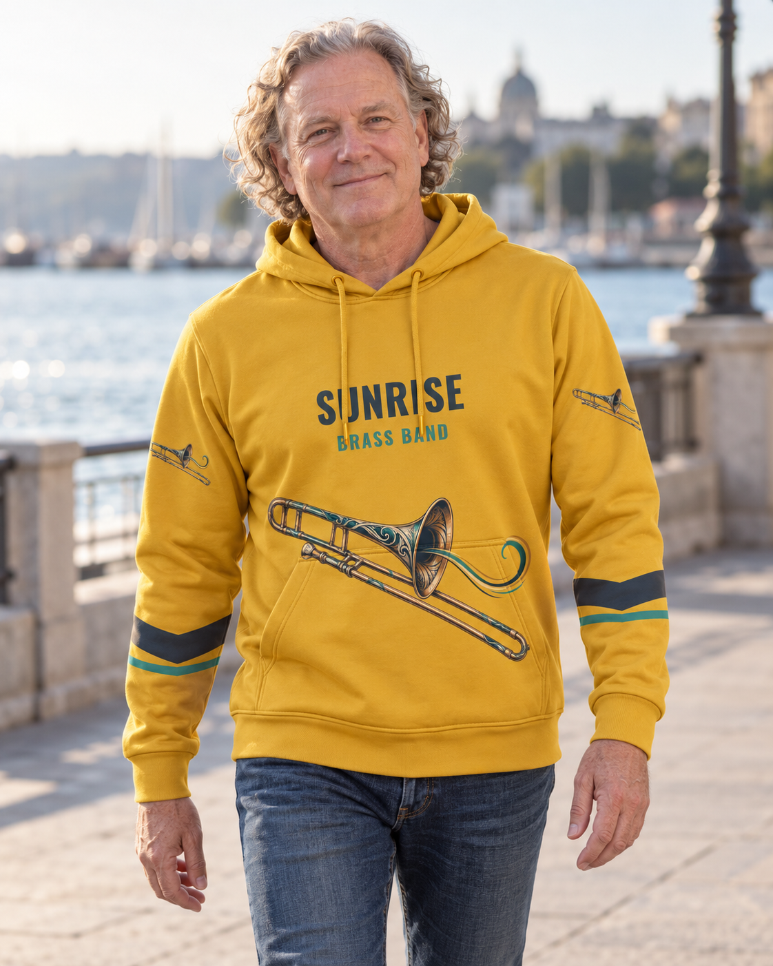 Custom Fully Sublimated Hoodie in Athletic gold — Sunrise Brass campaign